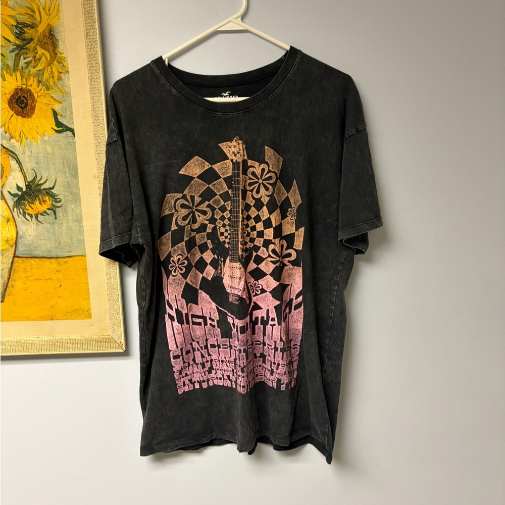 Hollister acid wash Graphic T-Shirt with high voltage concert graphic/ guitar
